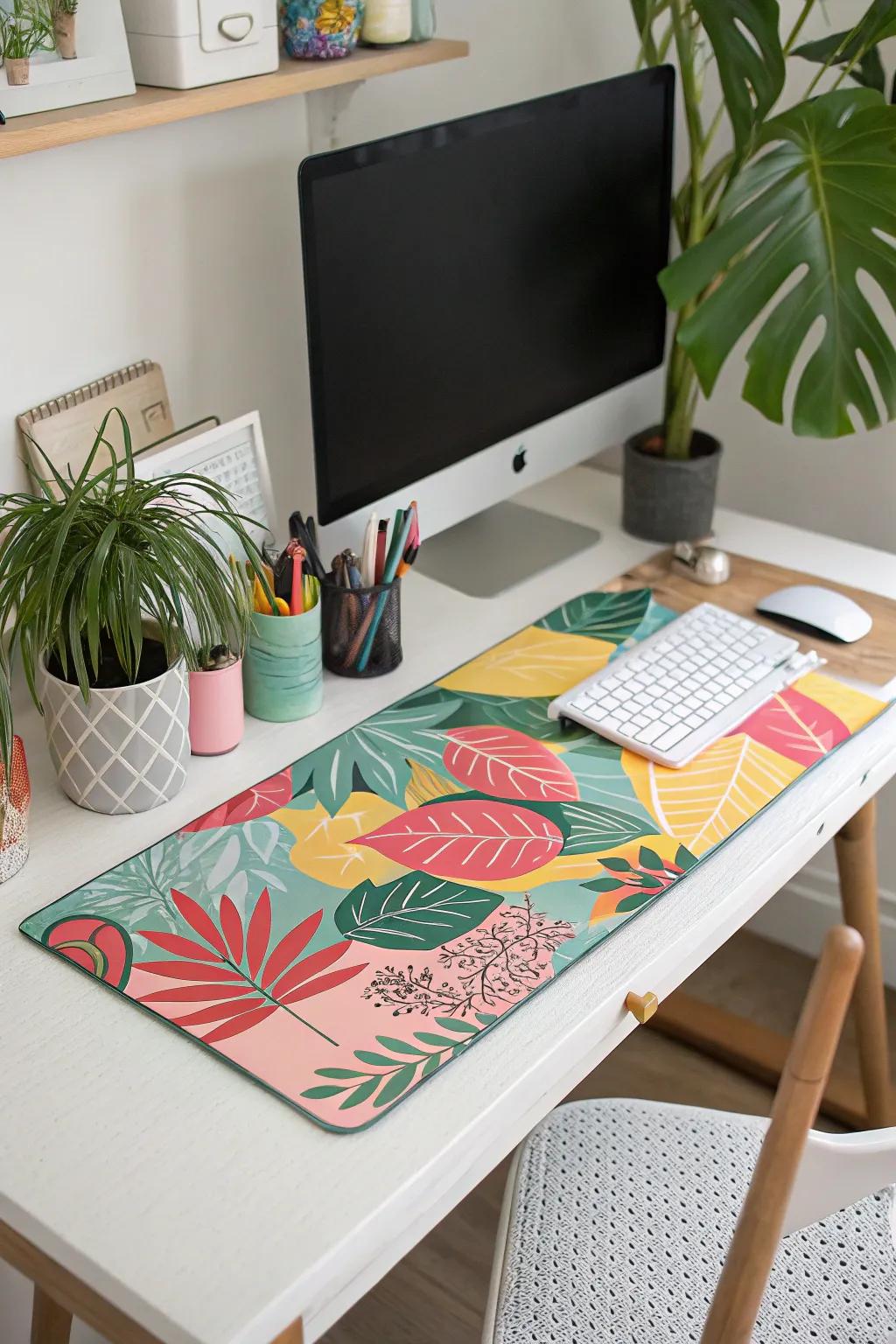 A desk pad bringing cohesion to the desk decor with a burst of color.