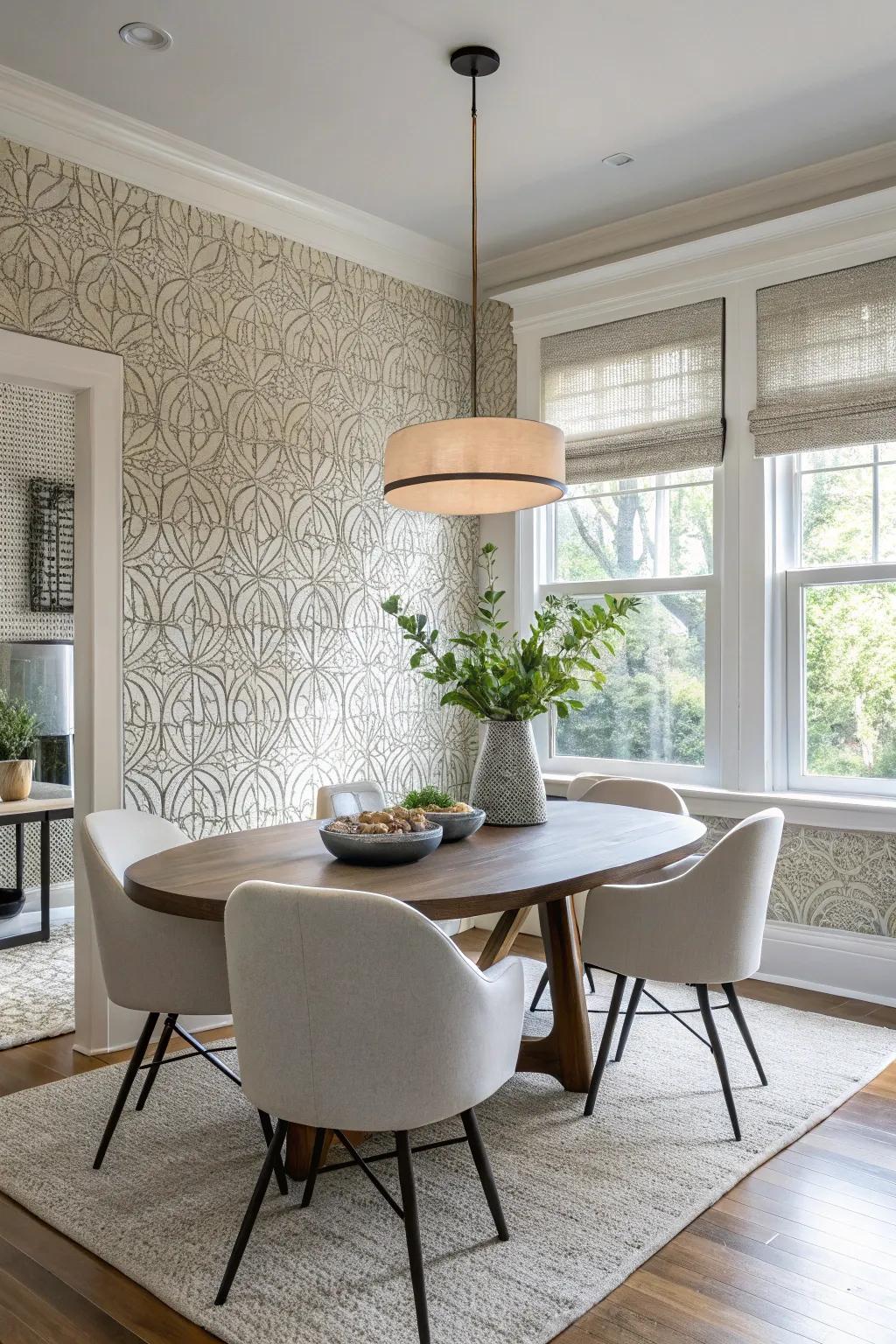 Wall finishes that impart dimension and a hint of spectacle to the dining room.