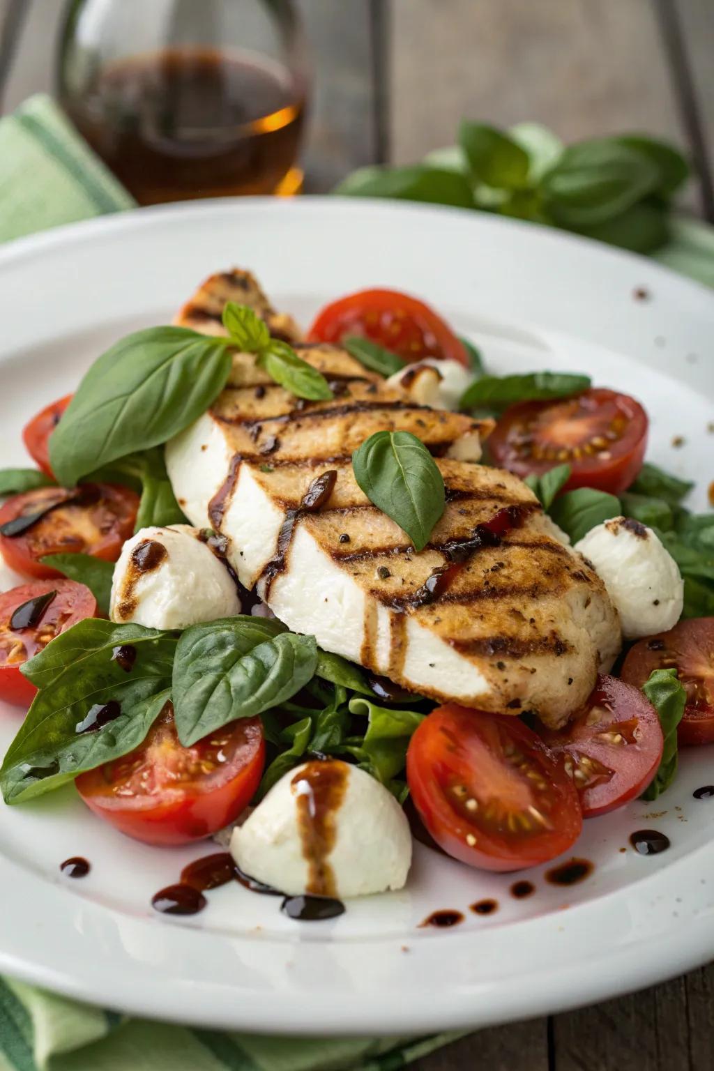 Caprese salad with grilled chicken, a light, fresh, and filling meal.
