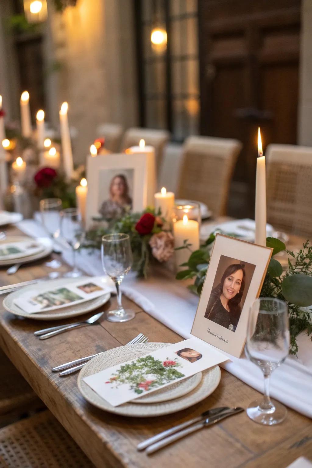 Personalized photo place cards make guests feel special.