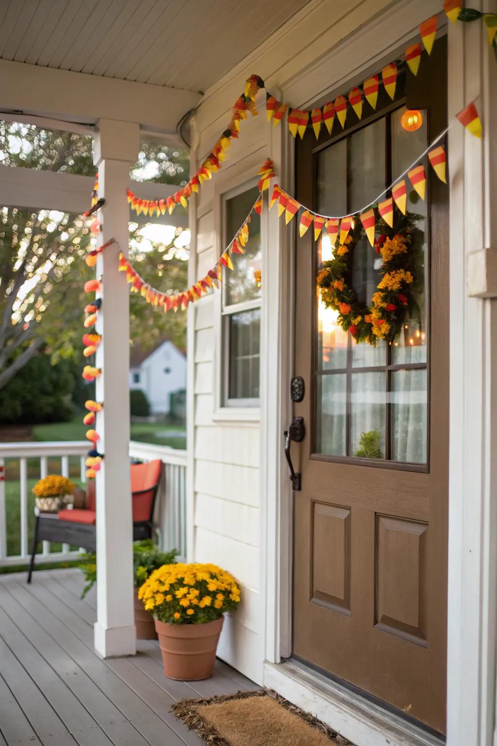A candy kernels strand infuses a sweet touch to Halloween décor.