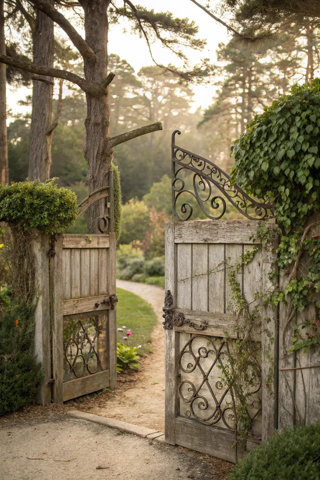 Forged iron features enhance a wood gate with romantic elegance.