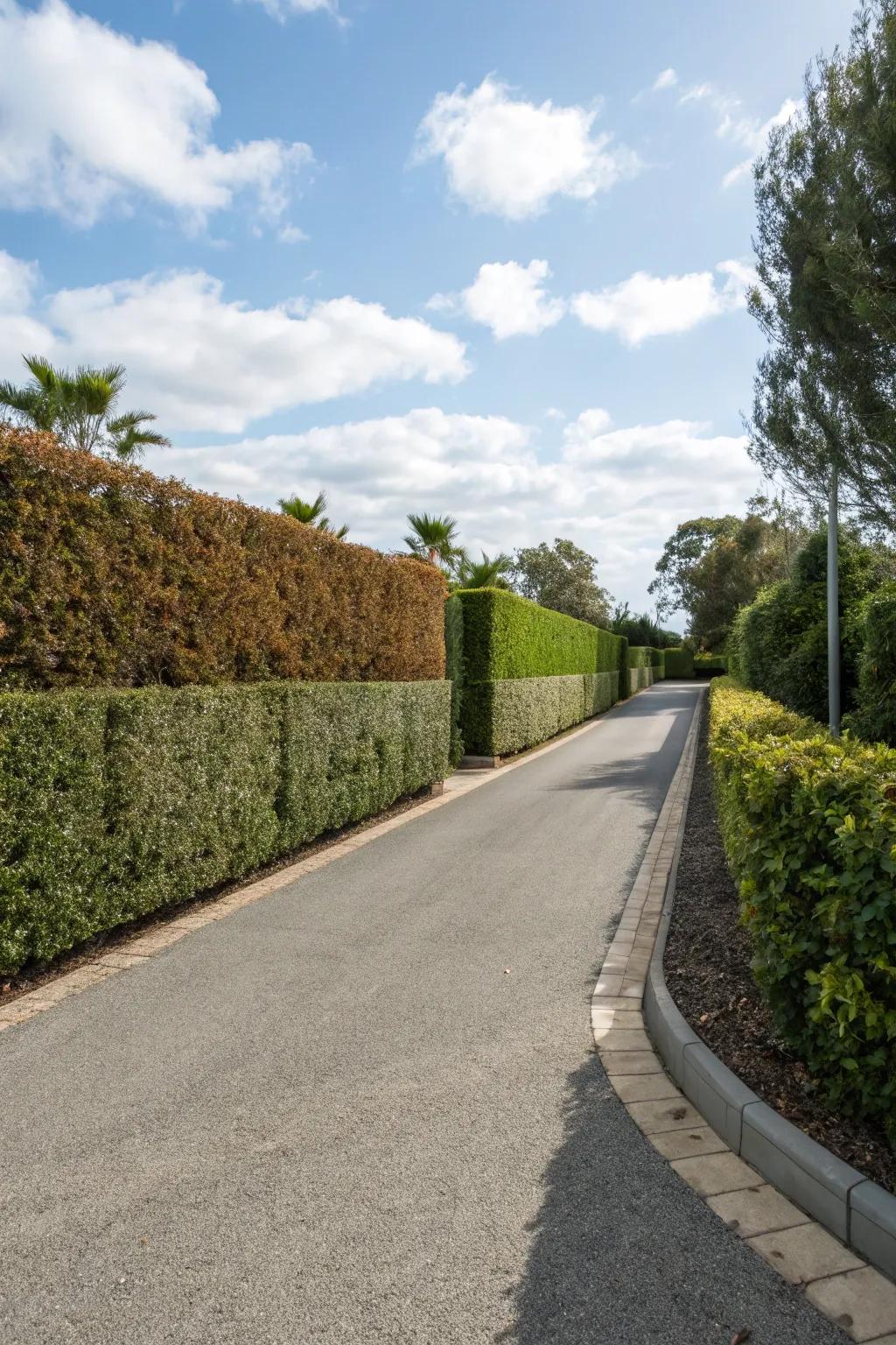Eco-friendly hedges furnishing sustainable splendor alongside a driveway.