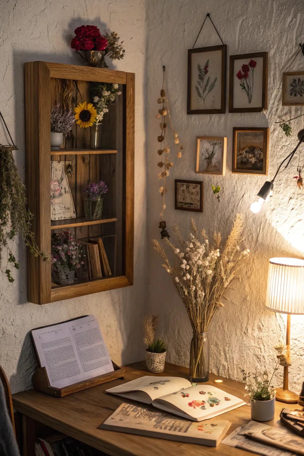 A personal narrative expressed using dried florals inside a shadow box.