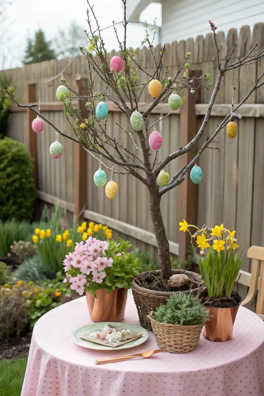 Mini Easter trees make for a unique porch centerpiece.