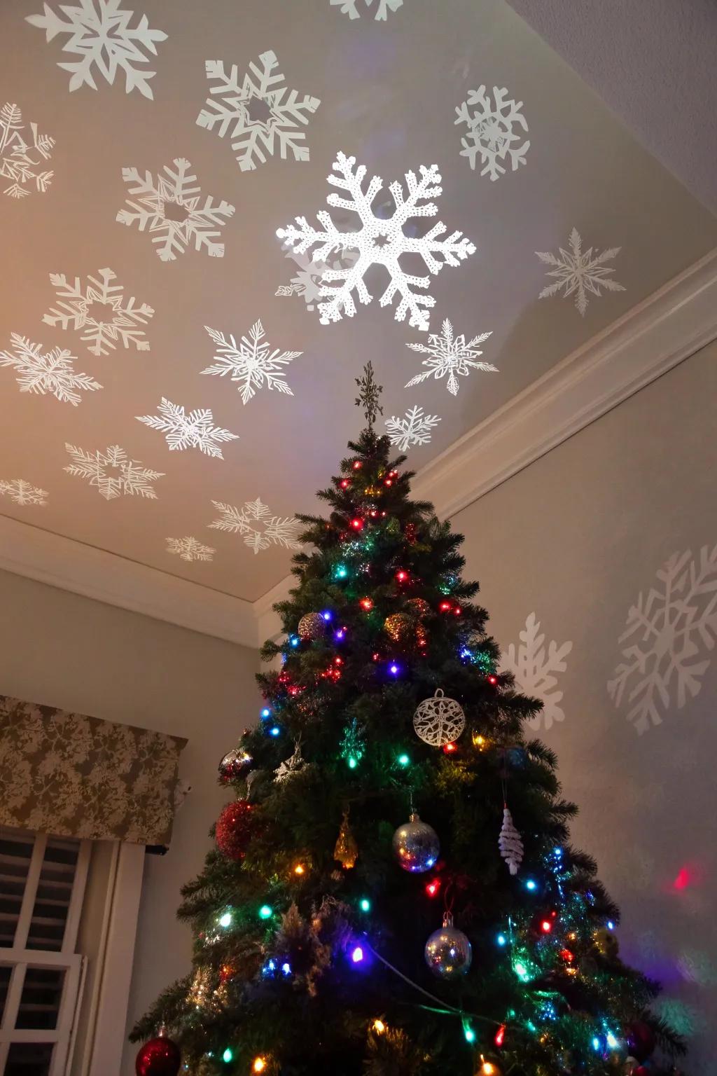 Snowflake projections create a magical atmosphere.