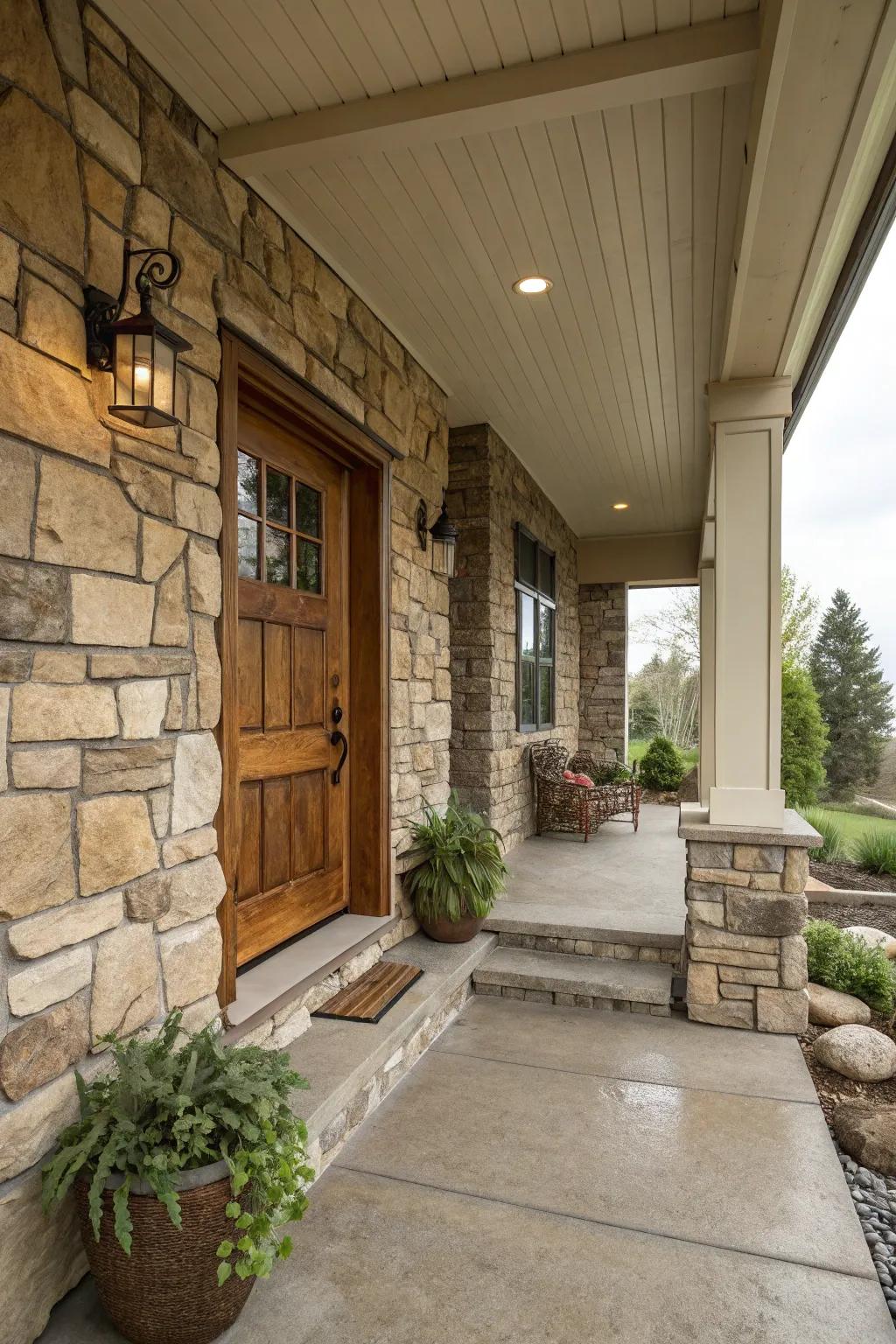 A subtle stone focus wall enhancing the porch’s visual charm.