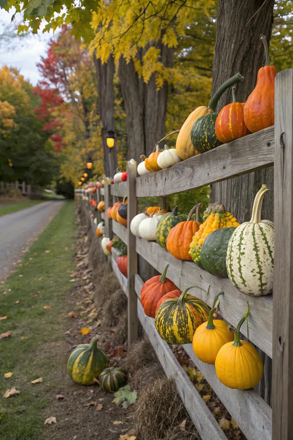 A variety of gourds establishes a colorful tableau along the fence.