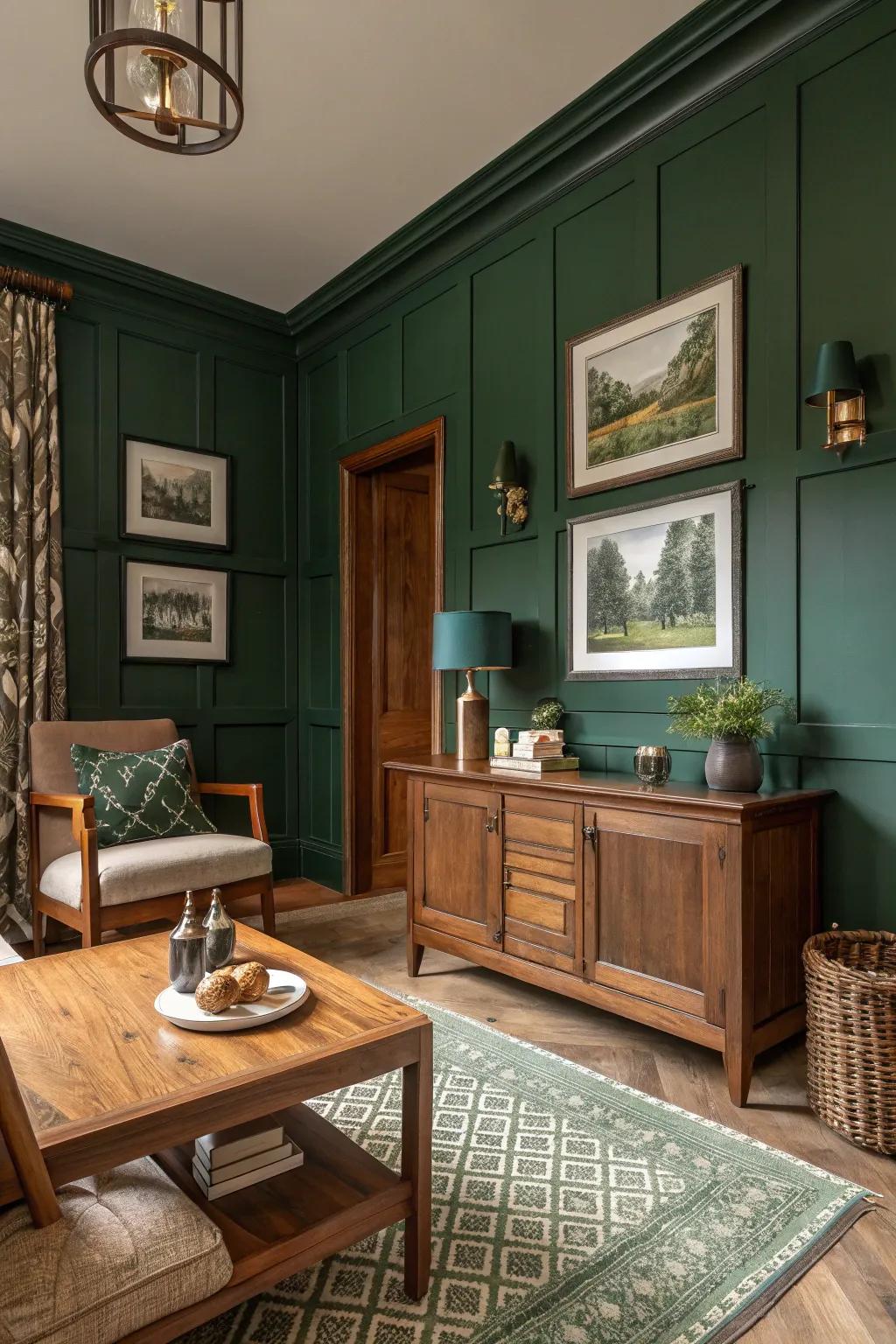 Forest green walls make a bold statement in this farmhouse setting.