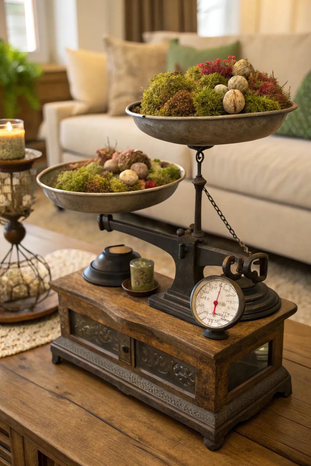 Aromatic ornamental receptacles on a classic balance.