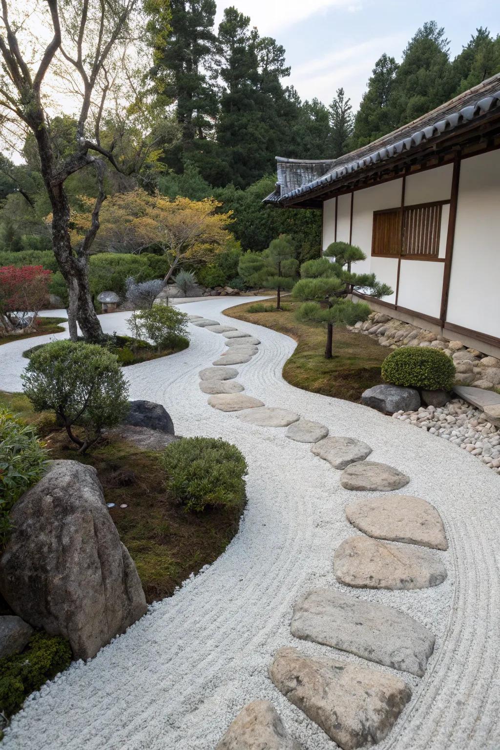 A serene cobblestone path influenced by the minimalism of Zen gardens.