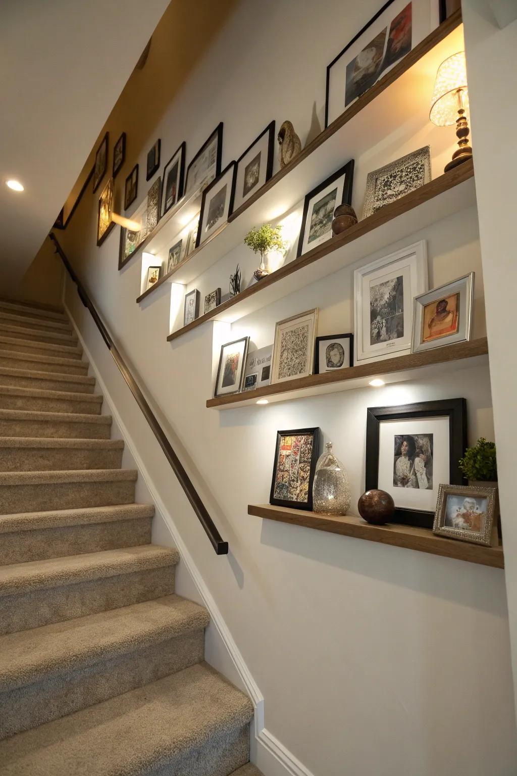 Floating shelves imbuing character to a stairwell.