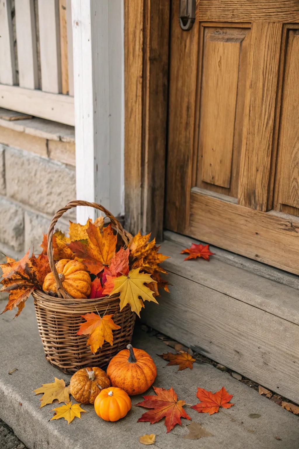 Autumn leaves and pumpkins create a warm, seasonal welcome.