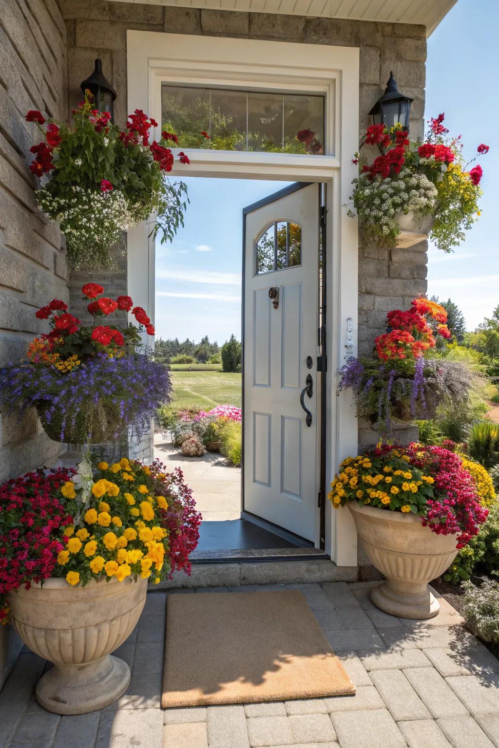 Seasonal flowers introduce vitality and color to the entryway.