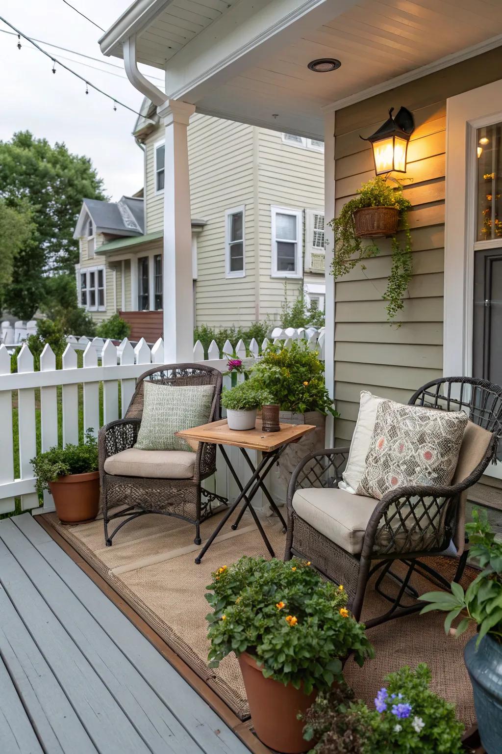A cozy seating area is established with a bistro set.