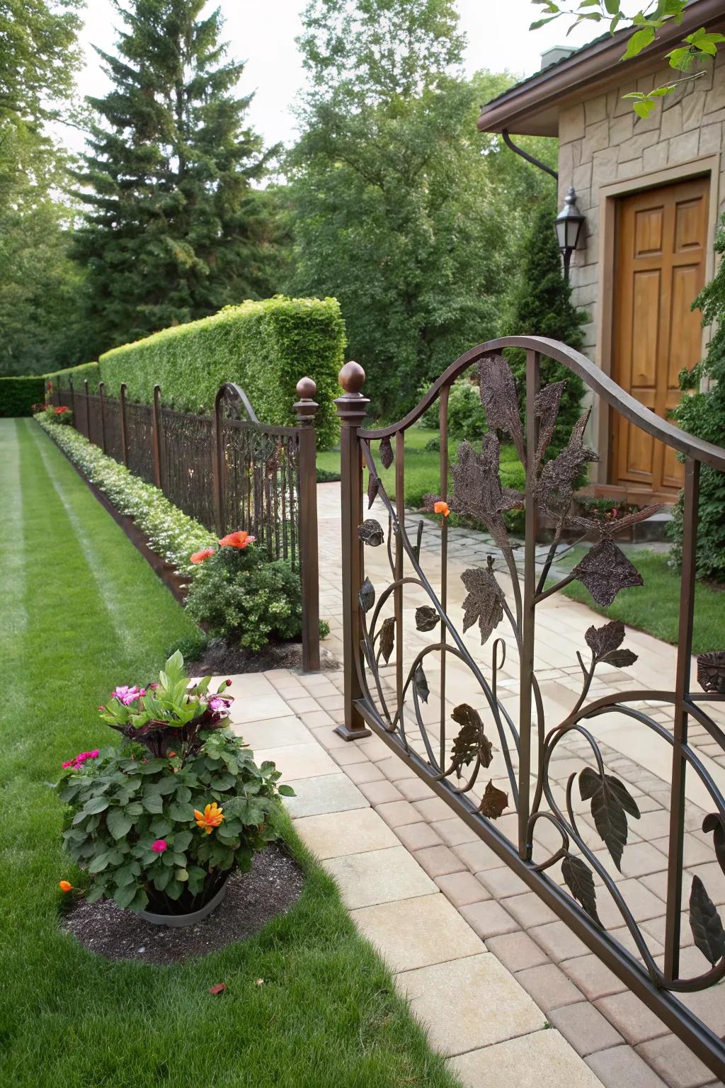 A custom wrought iron fence with nature-inspired designs creating a unique look.