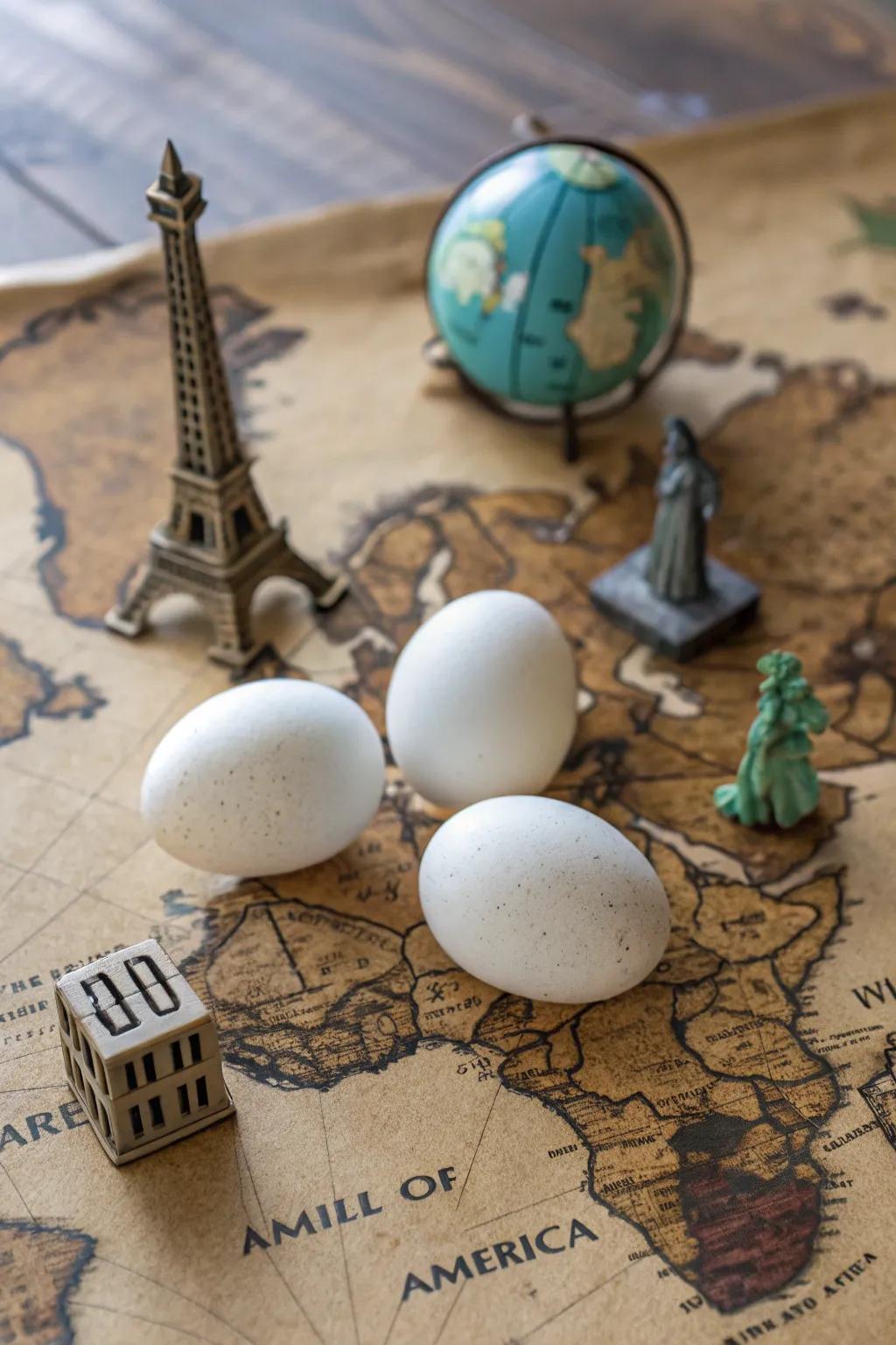 Travel-themed eggs ready to explore the world.