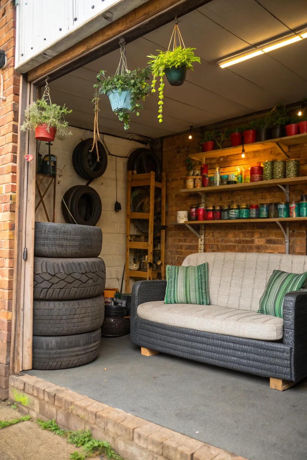 Reclaimed tire sofas make a bold and sustainable statement in any garage.
