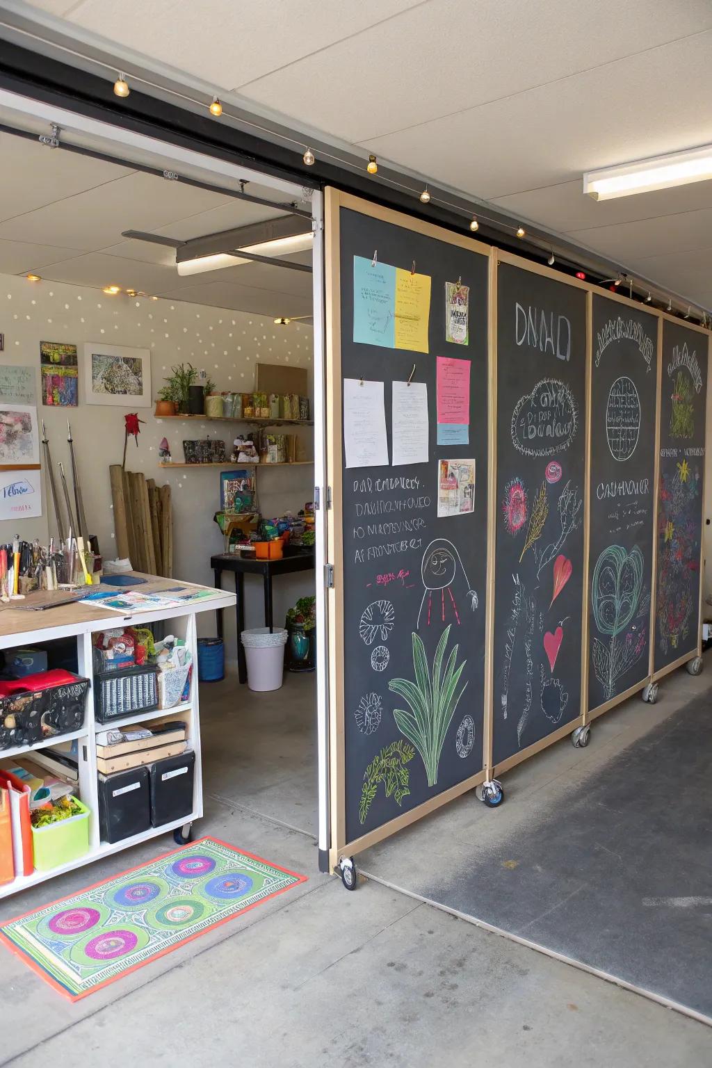 Rolling chalkboard panels offer a creative and functional partition.
