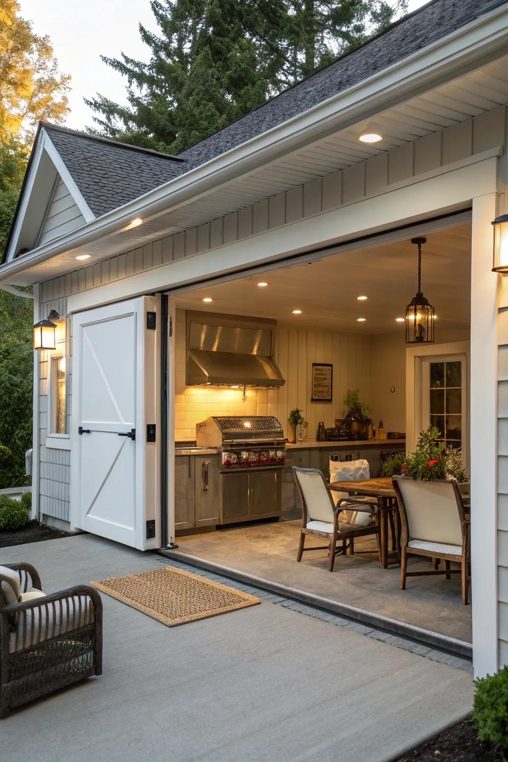 A sheltered open-air kitchen expands the functionality of the garage.