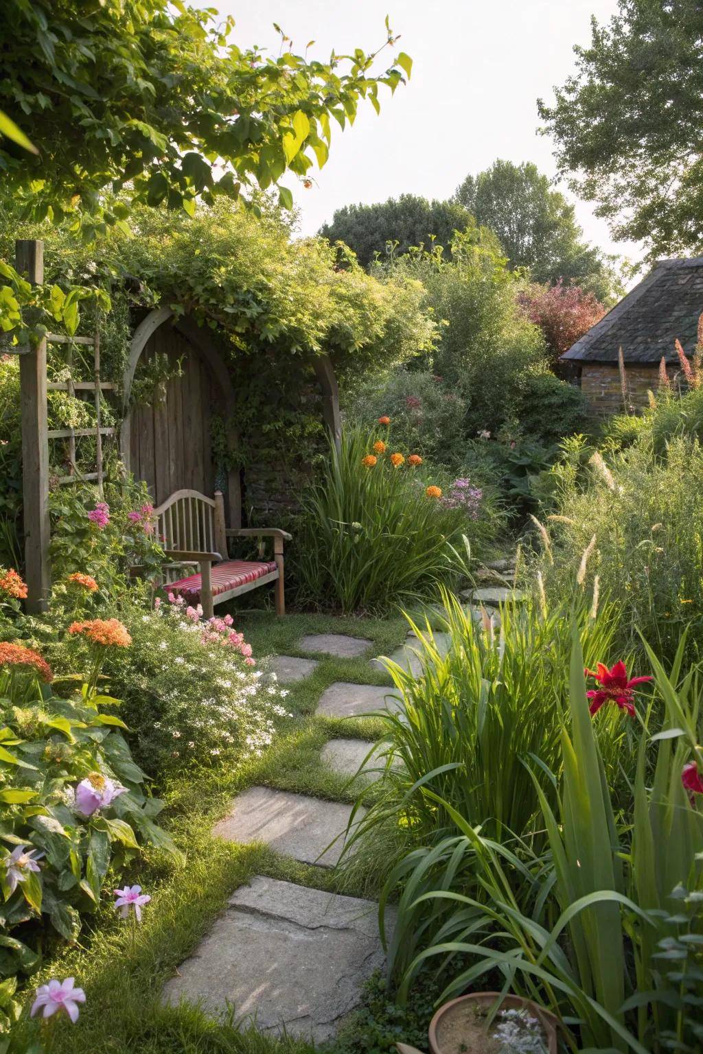A cozy, secluded garden nook, ideal for peaceful moments.