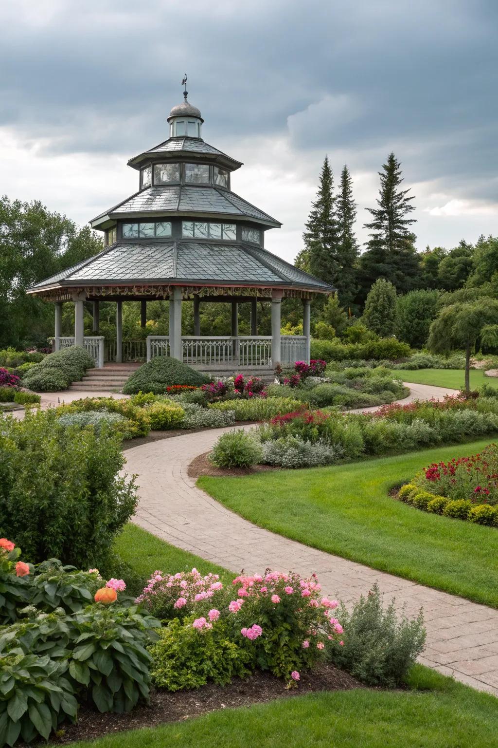 A gazebo with a multi-layered summit, injecting architectural fascination.