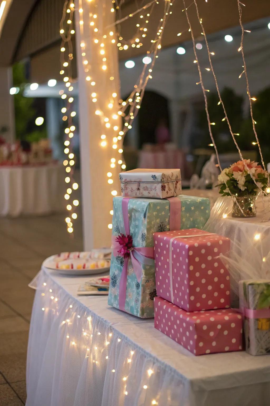 Create an enchanting atmosphere with fairy lights on your gift table.