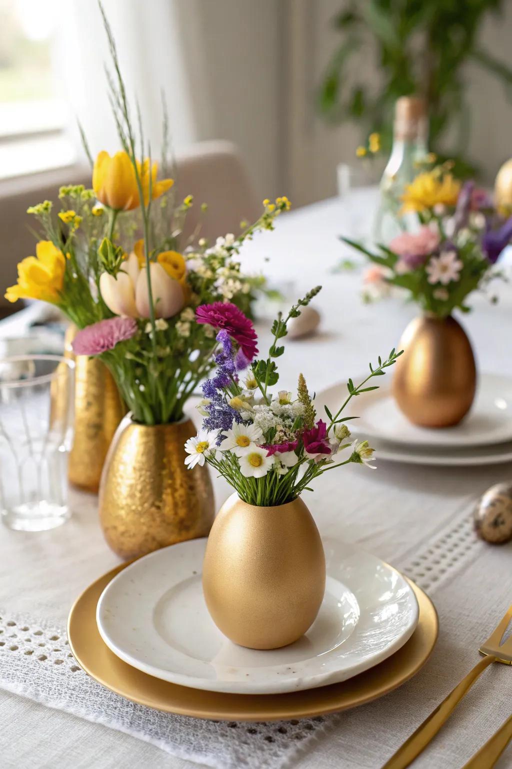 Gilded egg vessels offer a refreshing floral accent to your décor.