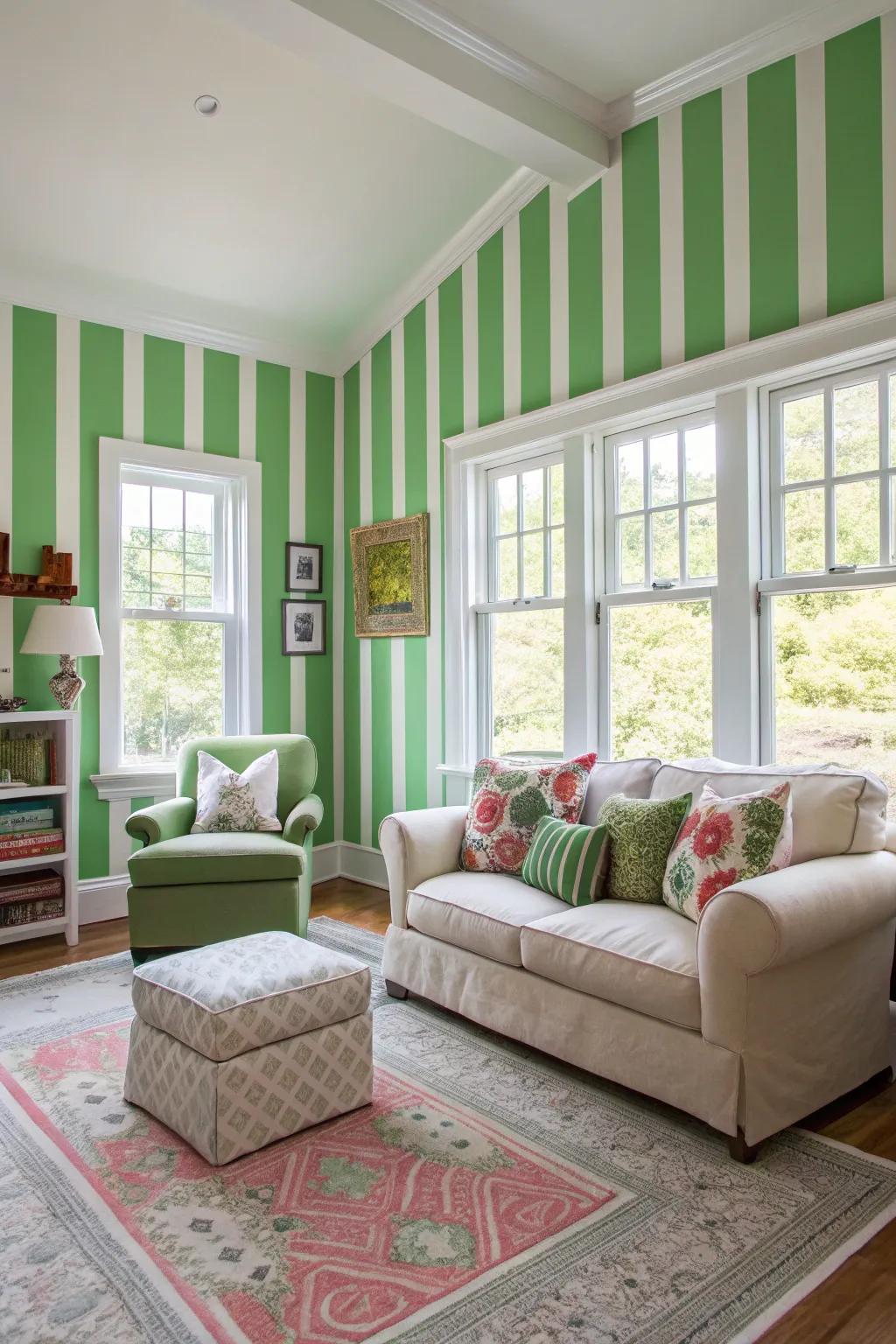 Verdant stripes inject playfulness and dynamism into this living space.
