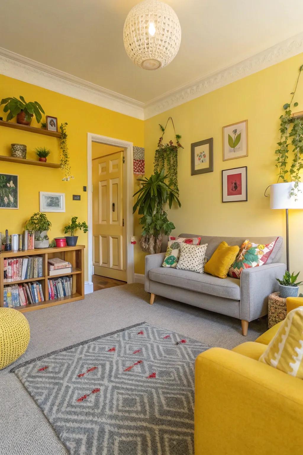 Sunshine-toned walls bring sunshine and warmth to gray carpets.