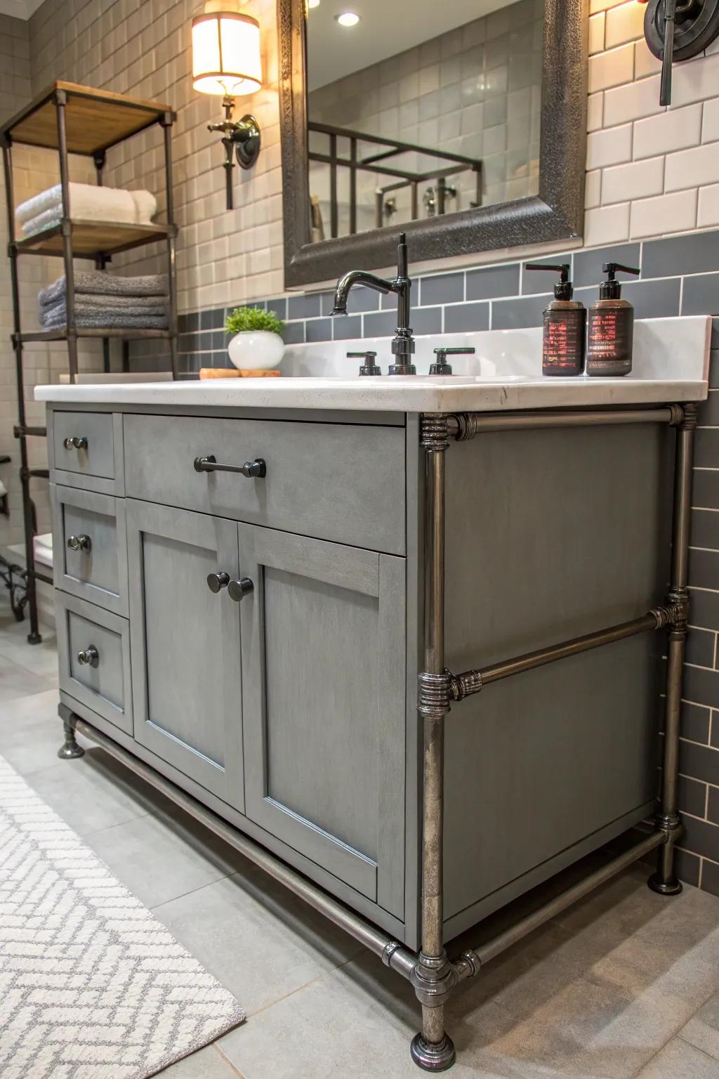 Industrial accents provide an edgy, urban feel to the grey vanity setup.