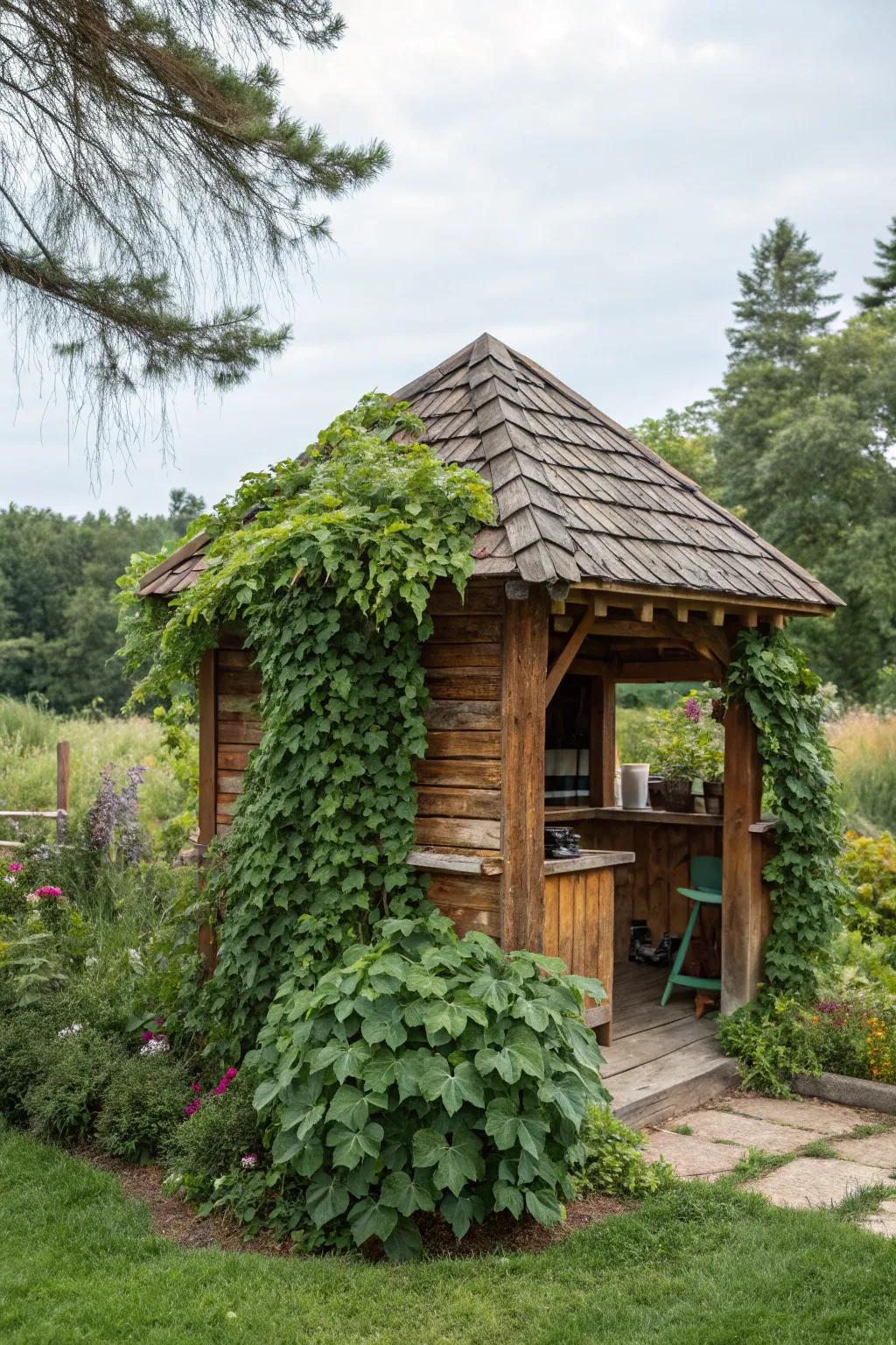 A garden oasis grill hut that has lively plant life.