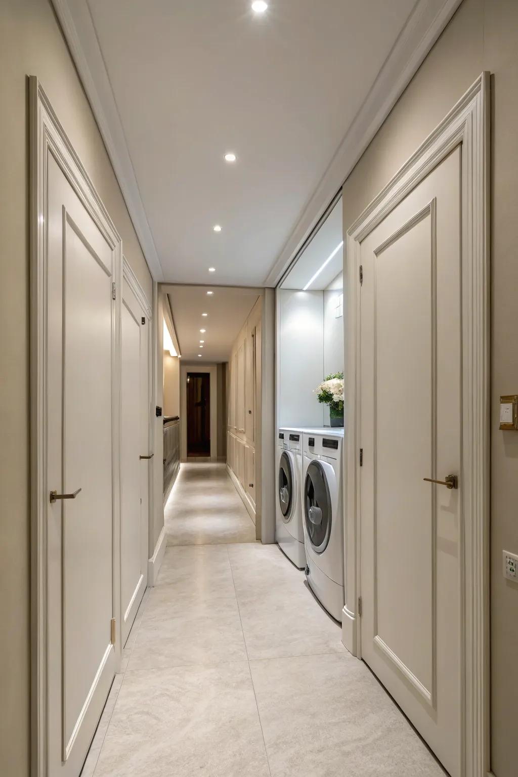 Hidden doors design a flawless and uncluttered hallway by hiding the laundry room.