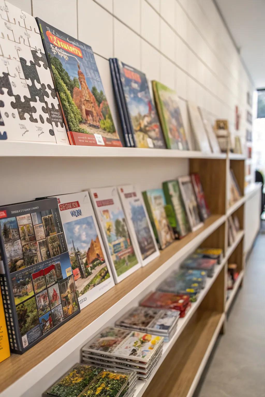 Magazine holders cleverly used for puzzle storage.