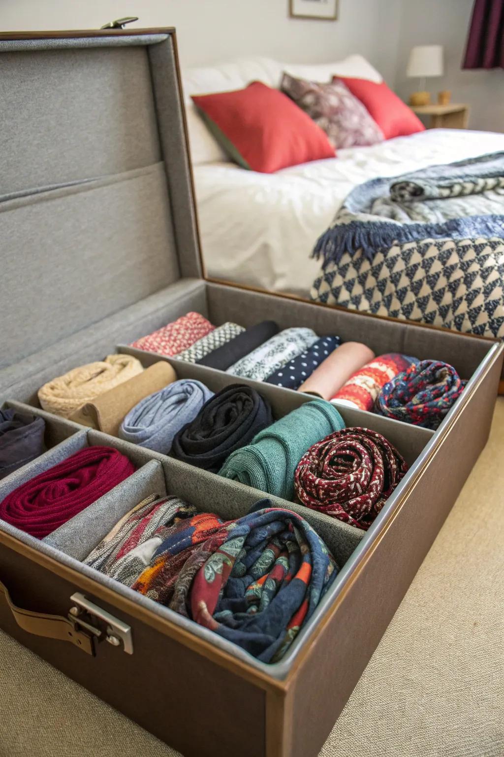 Under-bed containers provide discreet and efficient scarf storage.