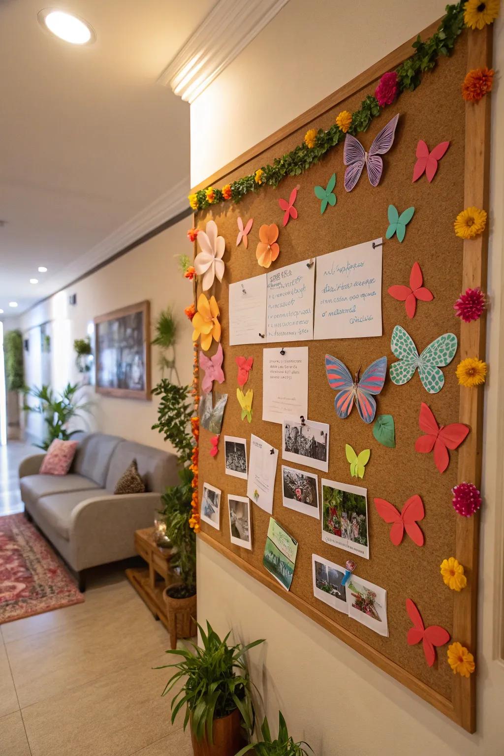 A whimsical bulletin board graced by lepidopterans and blooms.