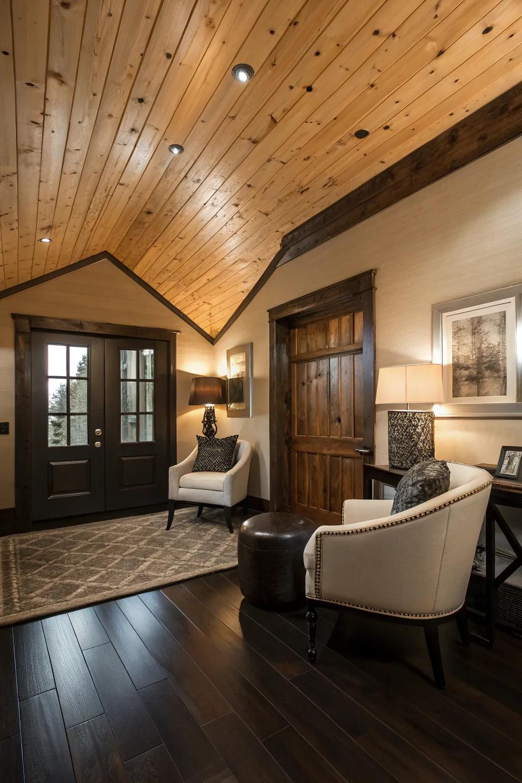A stylish room where dark floors provide a striking contrast to the rough-sawn fir ceiling.