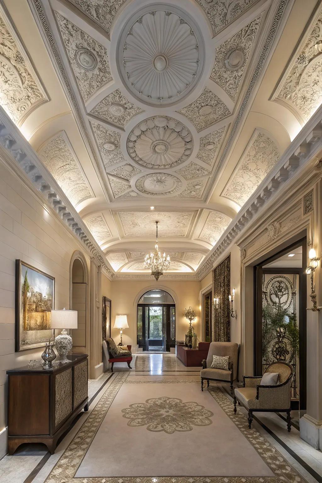 A grand entryway featuring sizable crown molding, setting a dramatic and welcoming tone.