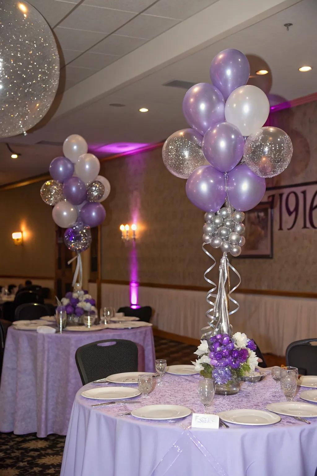 Balloon centerpieces that add a fun and festive vibe to the tables.