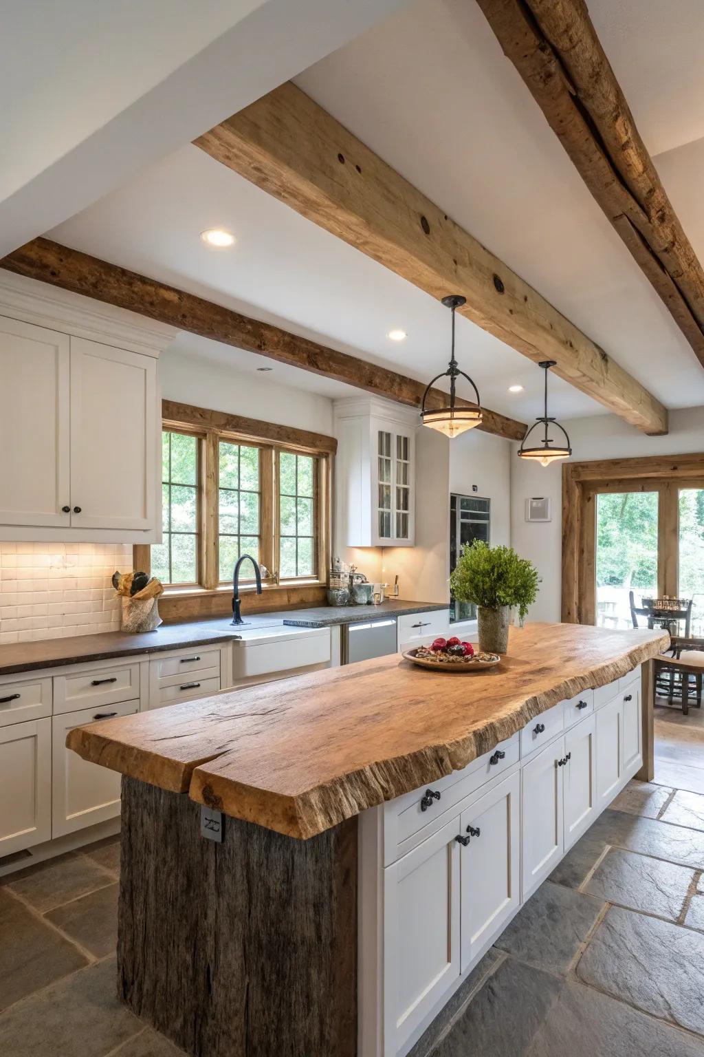 A raw edge countertop highlighting architectural elements in a kitchen.