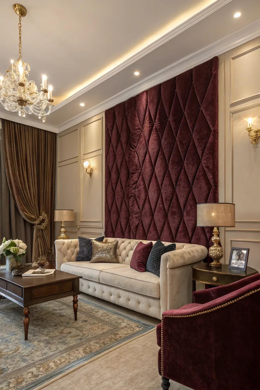 A velvet fabric accent wall adds opulence and warmth to this living room.