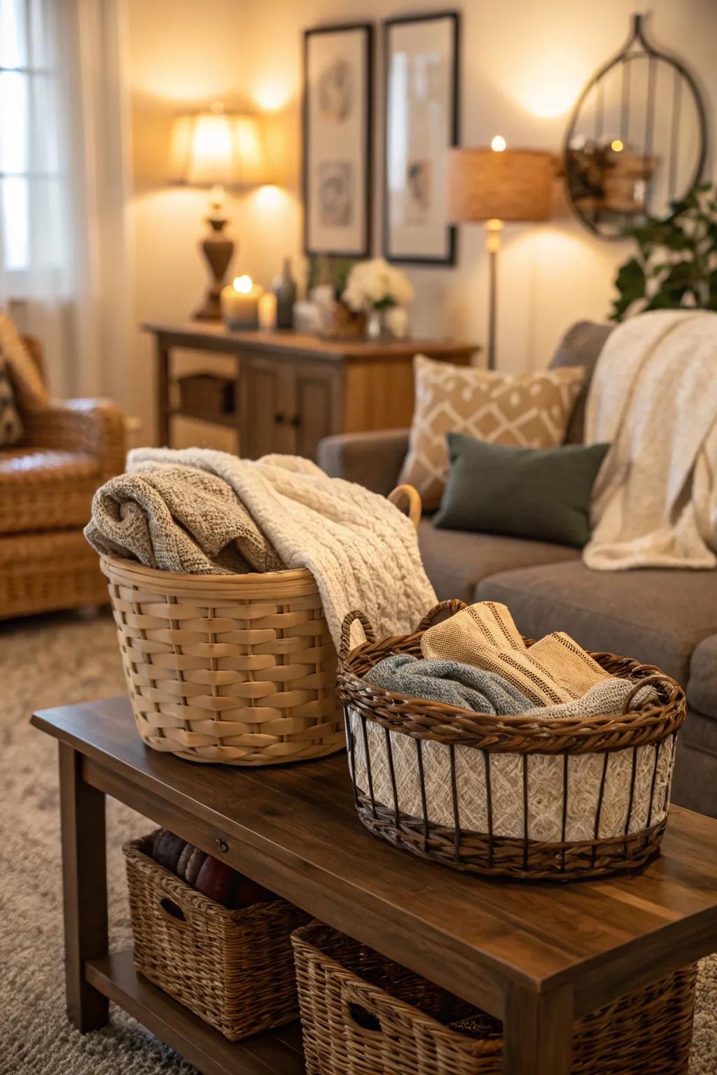 Woven baskets filled with blankets add texture and functionality to the decor.