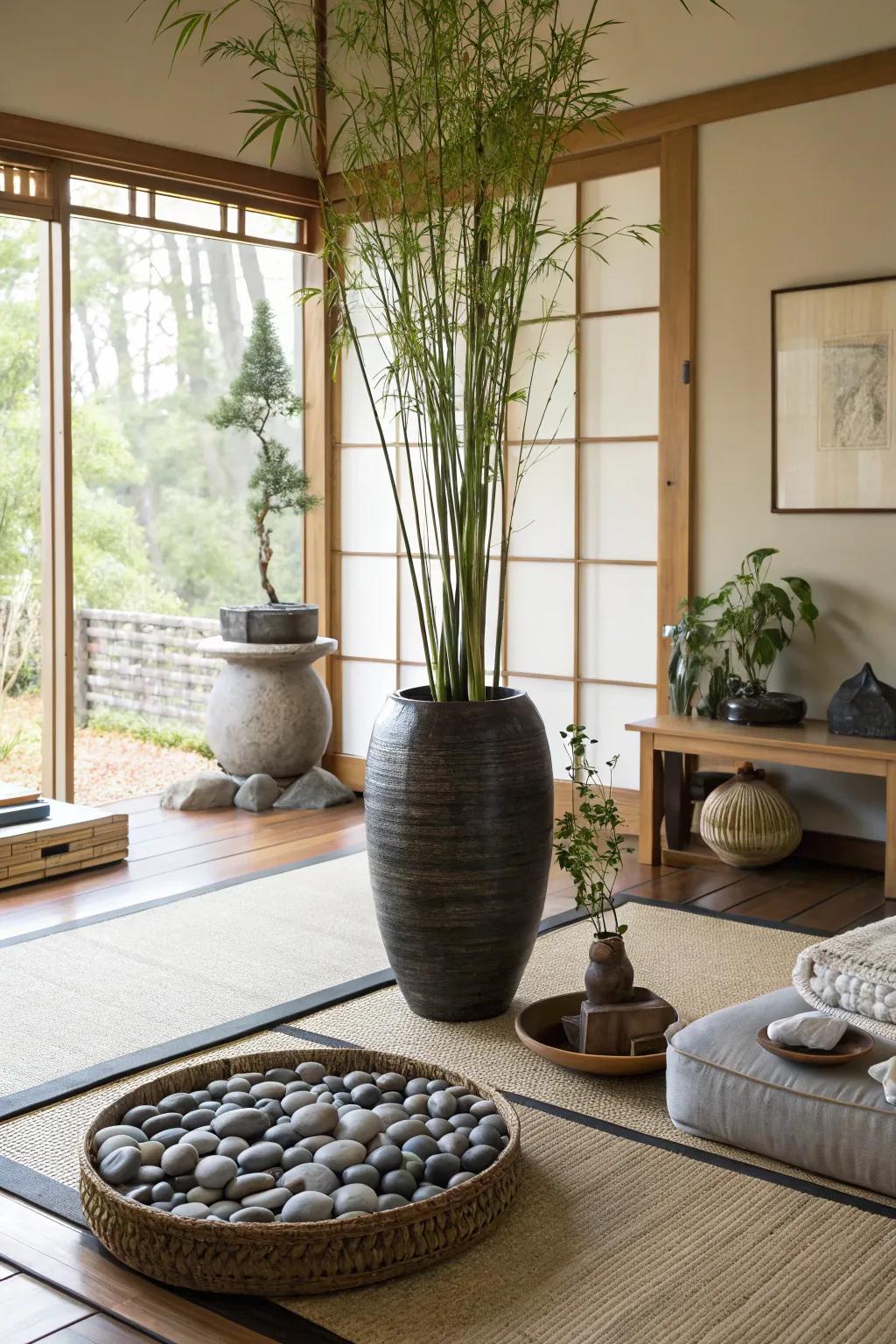 Zen settings with cane and stones bring a peaceful feel to a living room corner.