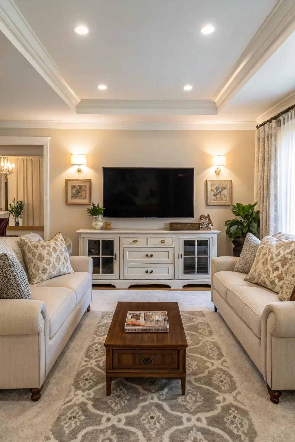 Symmetrical arrangements create balance and harmony in the TV area.