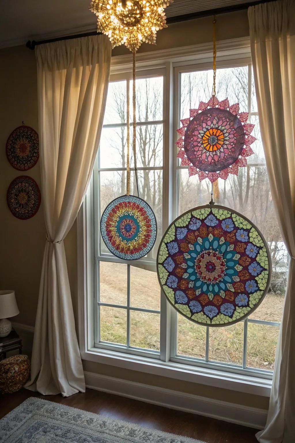 Pattern suncatchers casting colorful designs from a window.