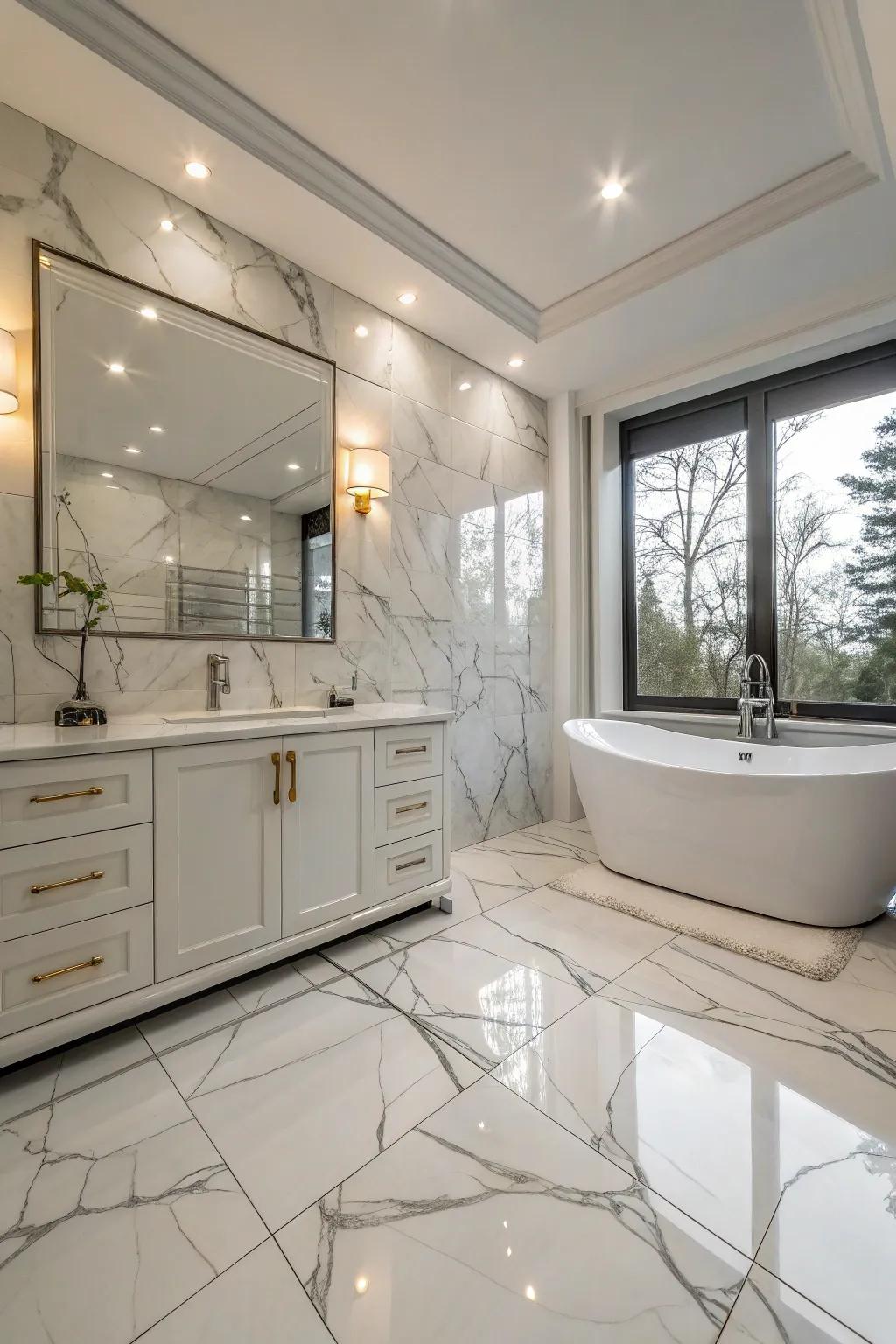 Floor-to-ceiling marble porcelain tiles create a seamless and expansive atmosphere.