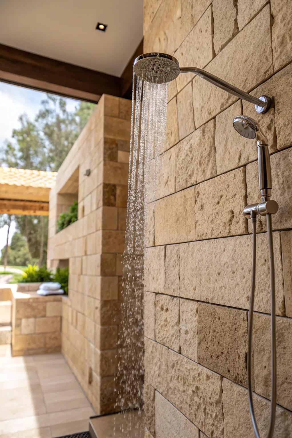 A shower featuring textured limestone tiles for a soothing, natural vibe.