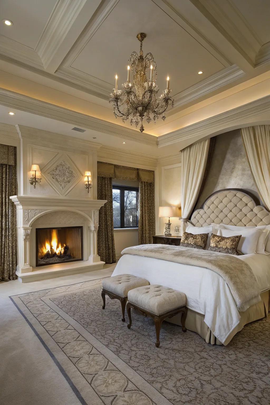 Dual fireplaces establish a stunning symmetrical harmony.