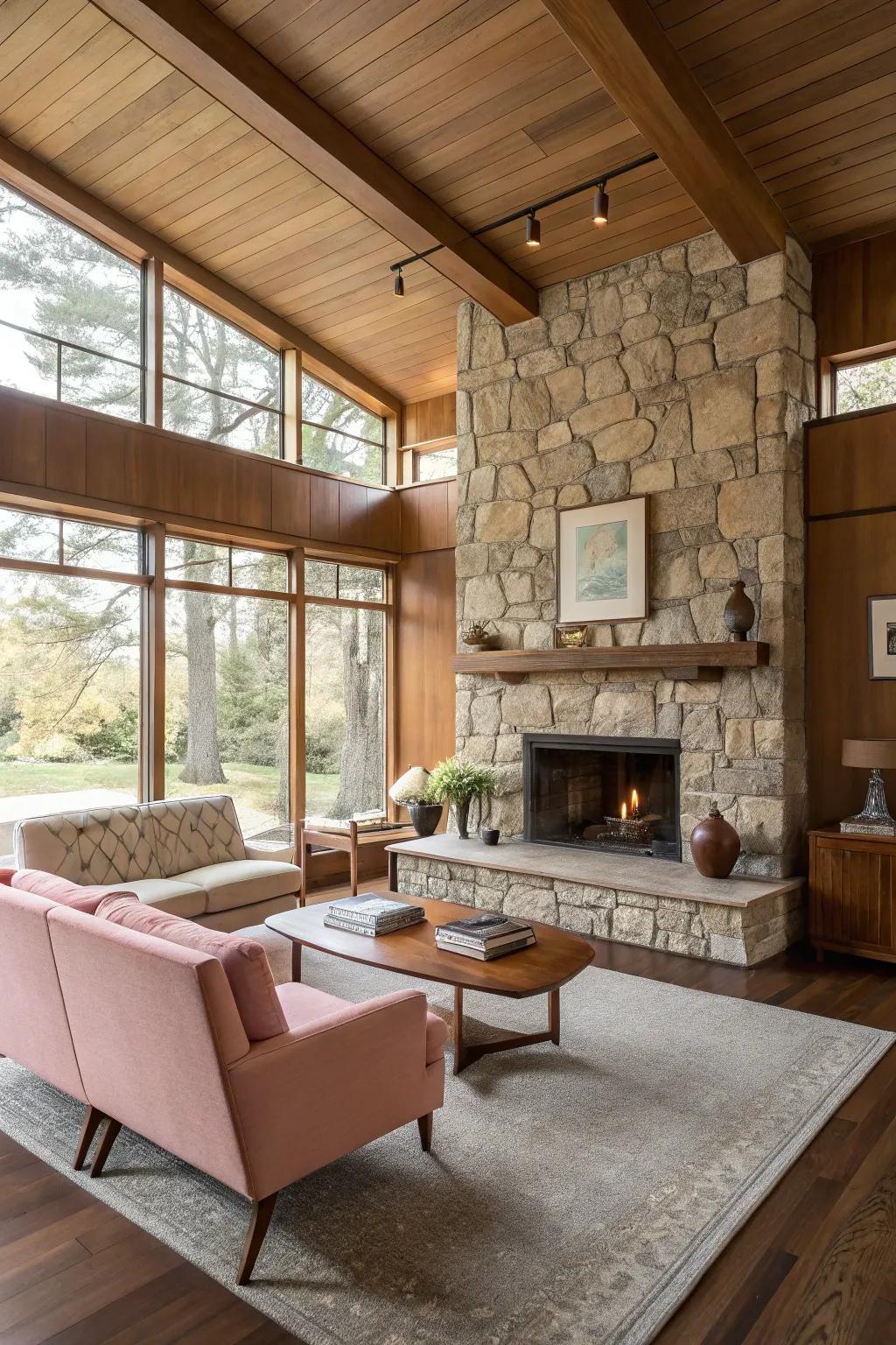 A stone or brick fireplace serves as a striking focal point in this mid-century modern living room.