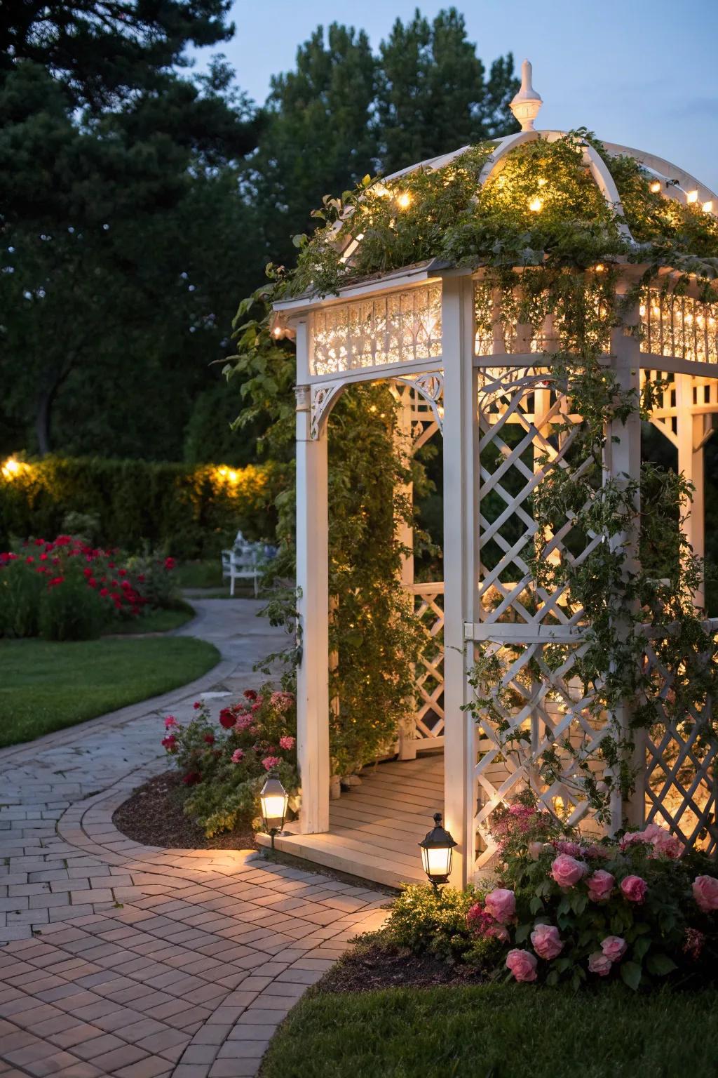 A garden lattice gazebo offering a charming and intimate outdoor escape.